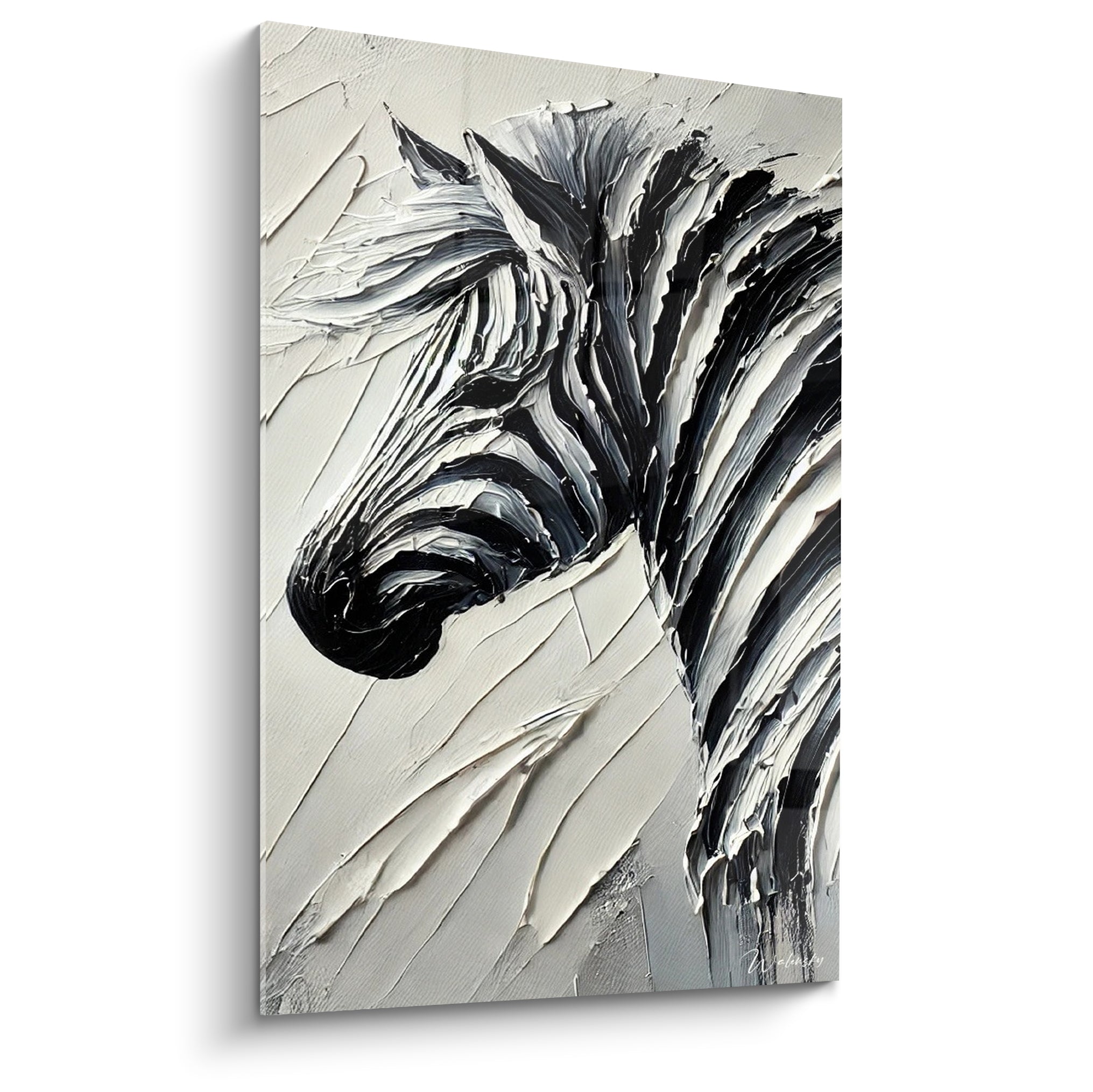 Zèbre noir et blanc au couteau, crinière texturée sur fond ivoire, profil sculptural