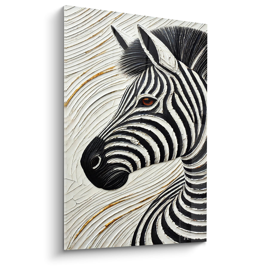 Tableau Zèbre noir et blanc à empâtements dorés - Regard suspendu - Edition Zèbre