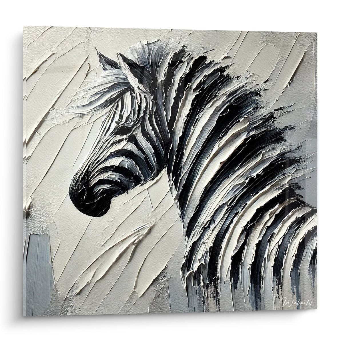Zèbre au profil sculpté en noir et blanc, crinière texturée en empâtements épais.