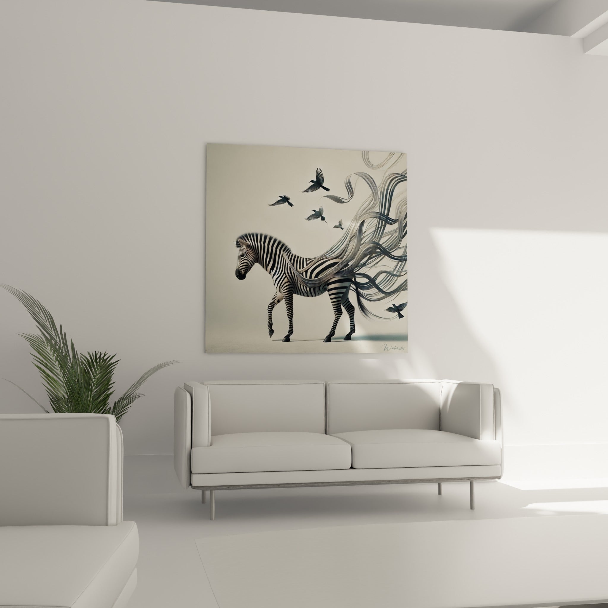 Rayures noires et blanches du zèbre se muant en plumes d'oiseaux, au-dessus d'un canapé dans un salon lumineux