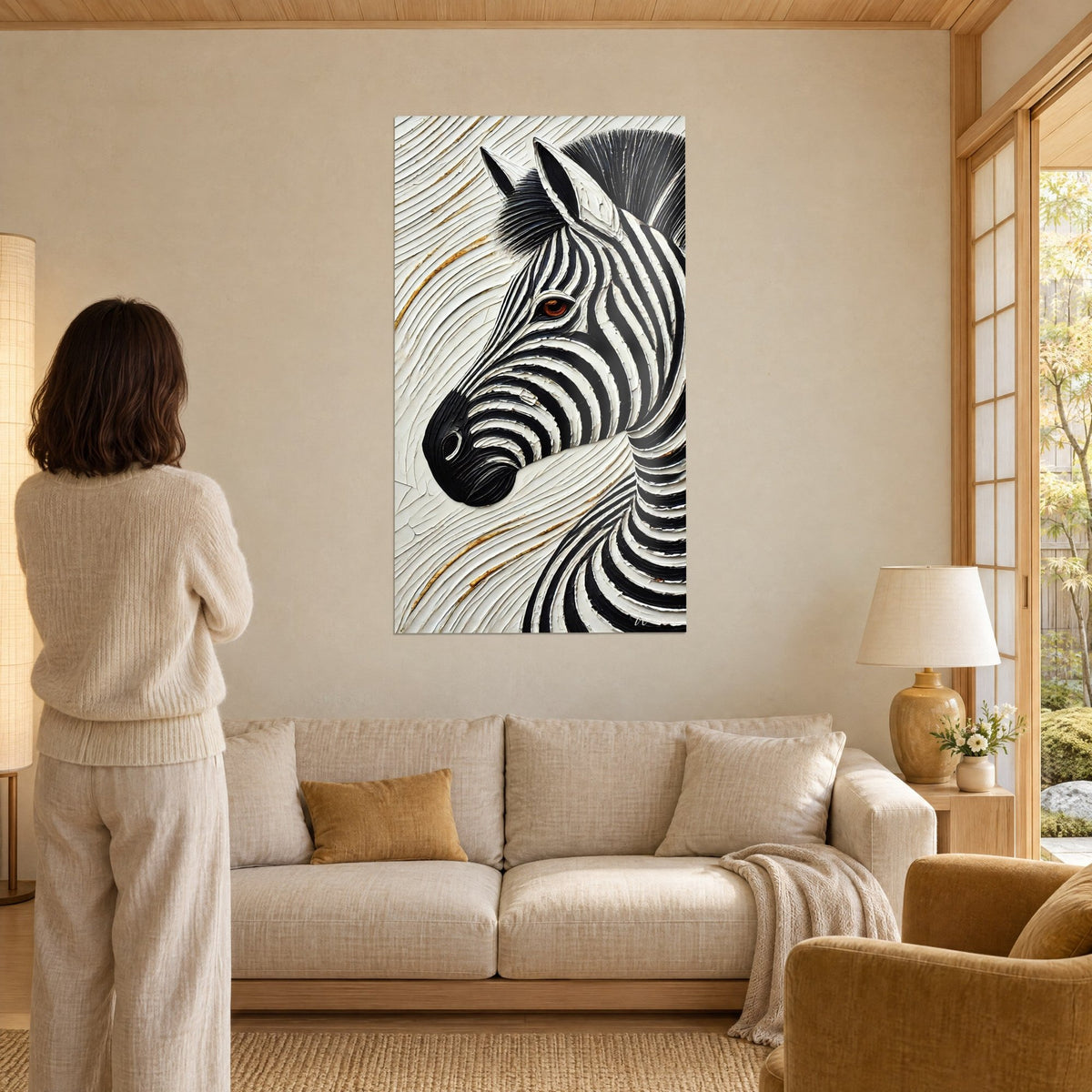 Gemälde Zebra mit schwarzen und weißen Streifen, pinselartige Mähne, goldene Impasto-Akzente, über einem Sofa in einem hellen Wohnzimmer