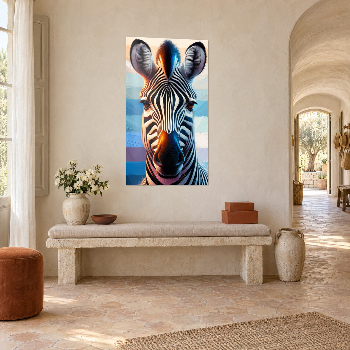 Gemälde Zebraporträt mit bernsteinfarbenen Augen, orange und nachtblaue Schnauze, pastellfarbene Streifen im Hintergrund, aus dreiviertel Ansicht in einem gewölbten Steinflur