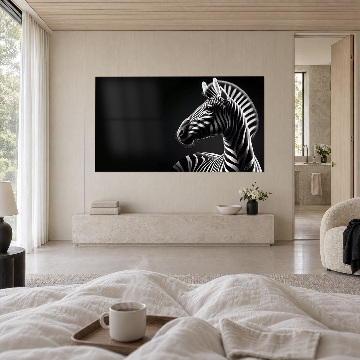 Tableau robe rayée noir et ivoire, tête dressée sur fond sombre, au-dessus d'un lit dans une chambre claire