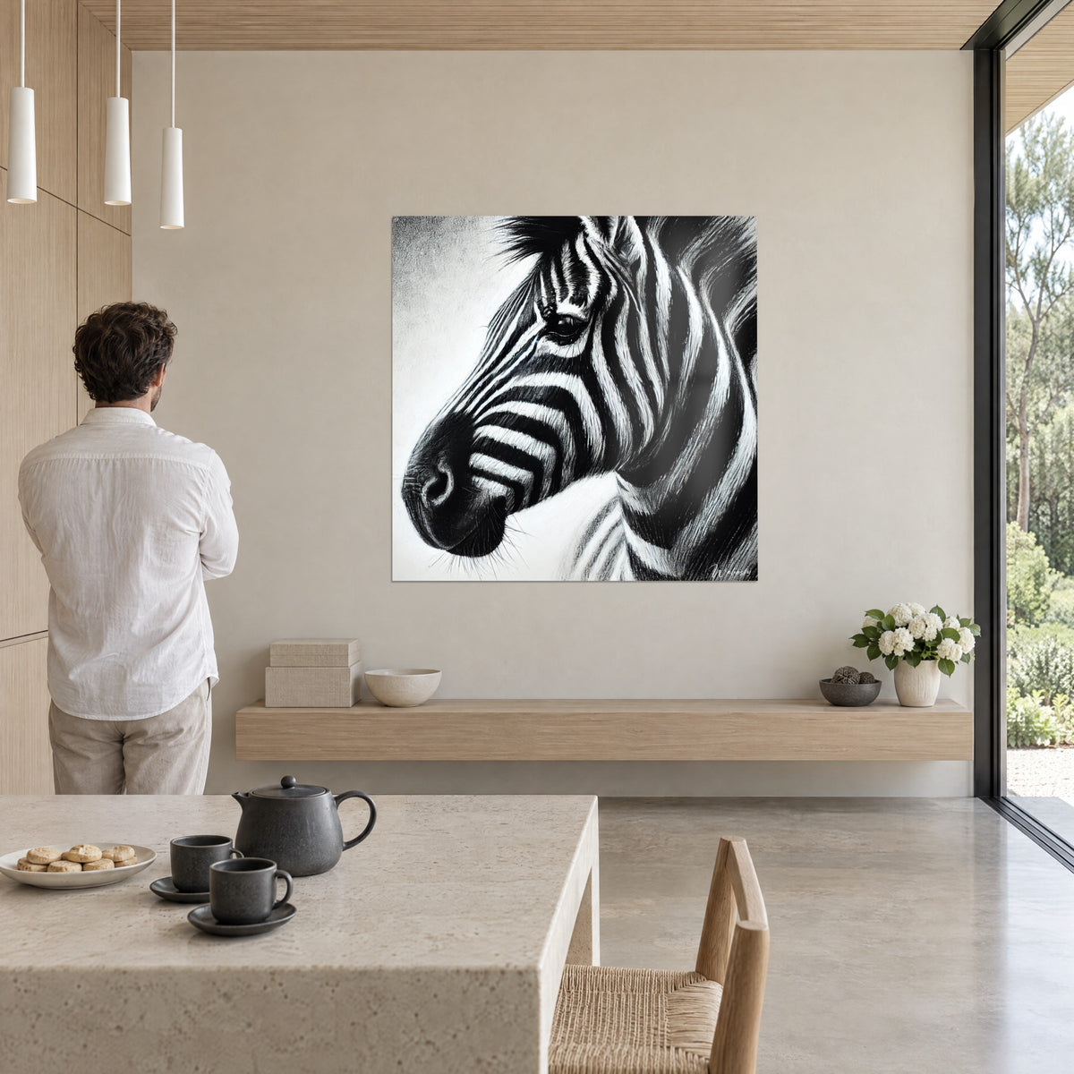 Obraz zebra w profilu, mocno kontrastujące pasy kredowej bieli i intensywnej czerni, mężczyzna w białej koszuli tyłem przed płótnem