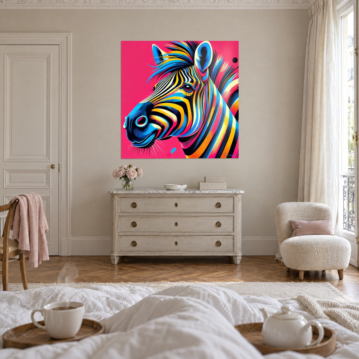 Tableau portrait de zèbre aux rayures orange et bleues sur fond rose, au-dessus d'un lit dans une chambre claire