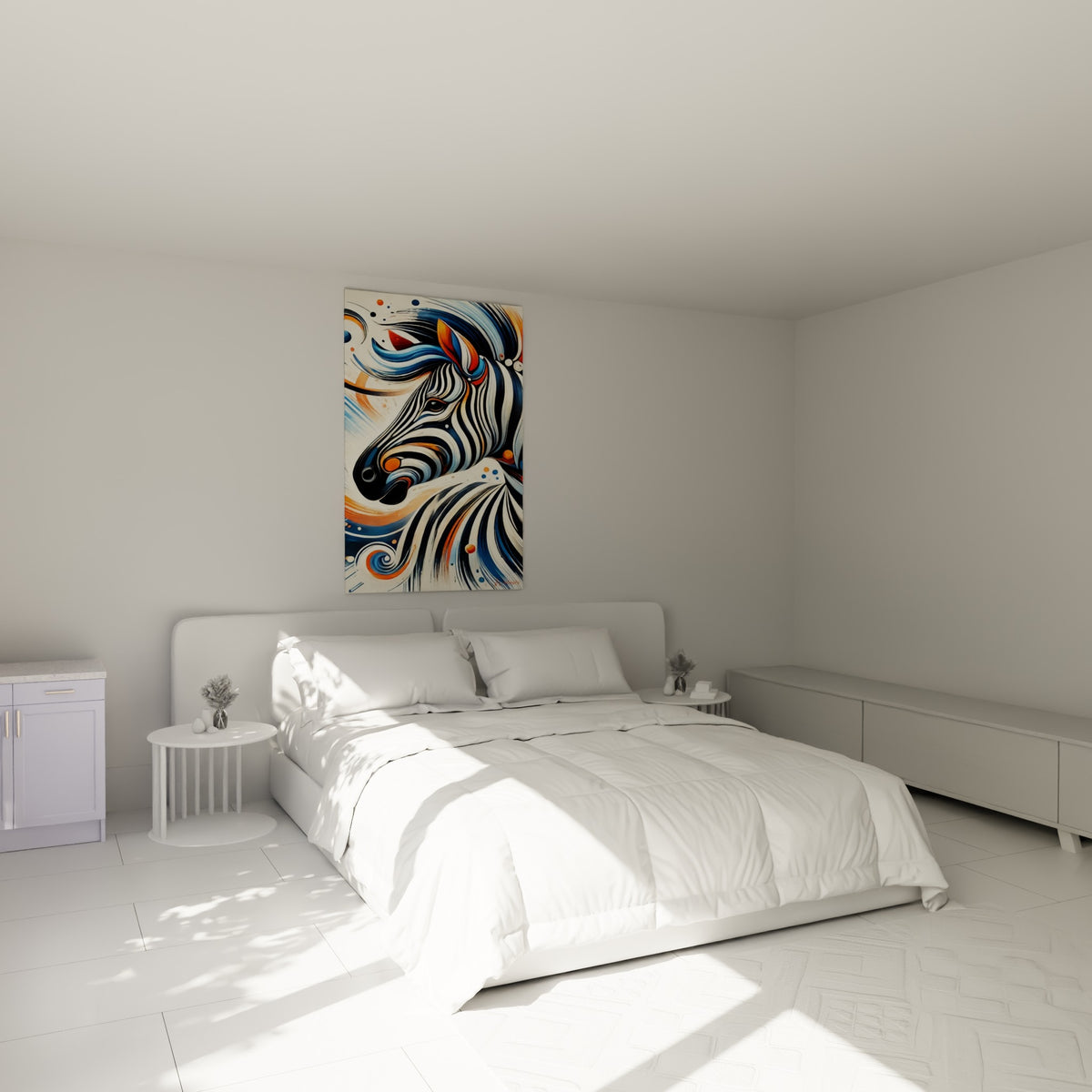 Portrait de zèbre bleu et orange aux traits fluides, accroché au-dessus d'un lit dans une chambre claire