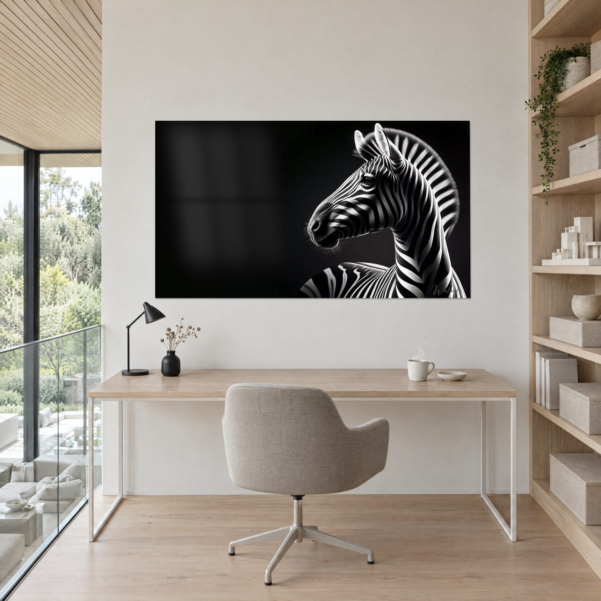 Tableau cheval sauvage zébré, oreille pointée et crinière en éventail noir et blanc, au-dessus d'un bureau en bois clair