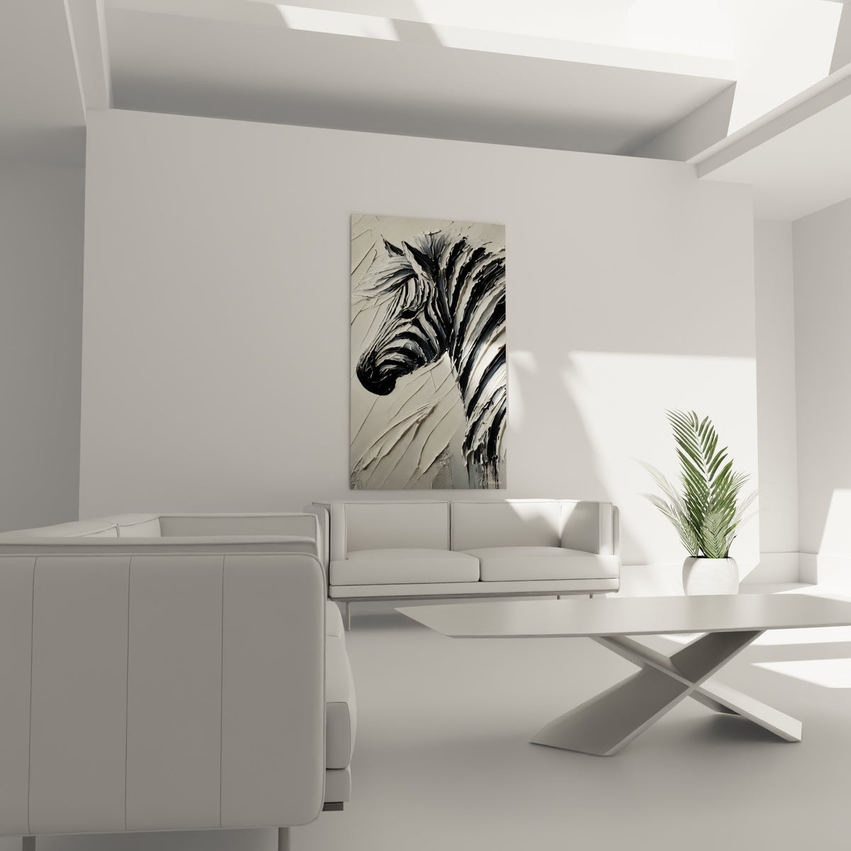 Rayures épaisses noir profond et blanc ivoire du zèbre, au-dessus d'un canapé dans un salon lumineux