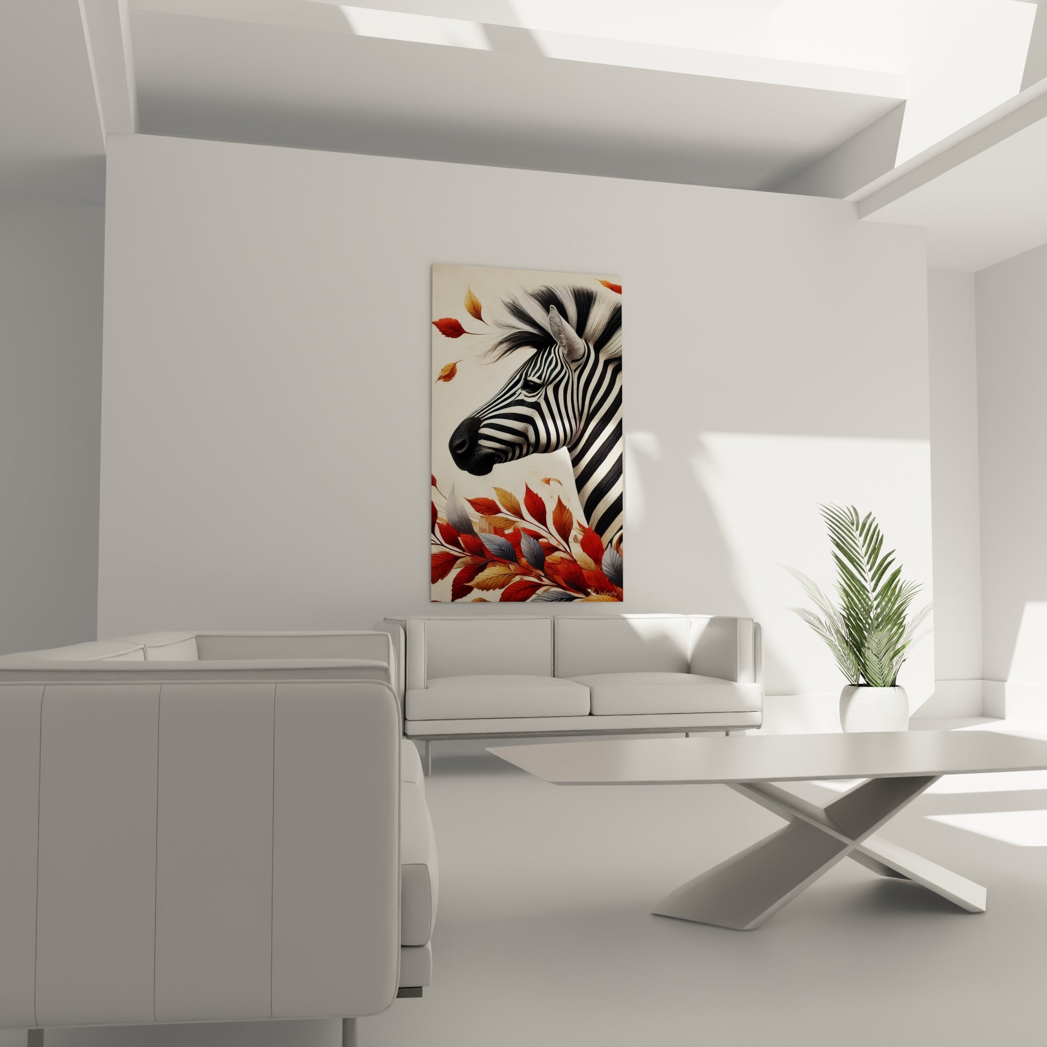 Tête de zèbre aux rayures graphiques et feuillage automnal roux, au-dessus d'un canapé dans un salon lumineux