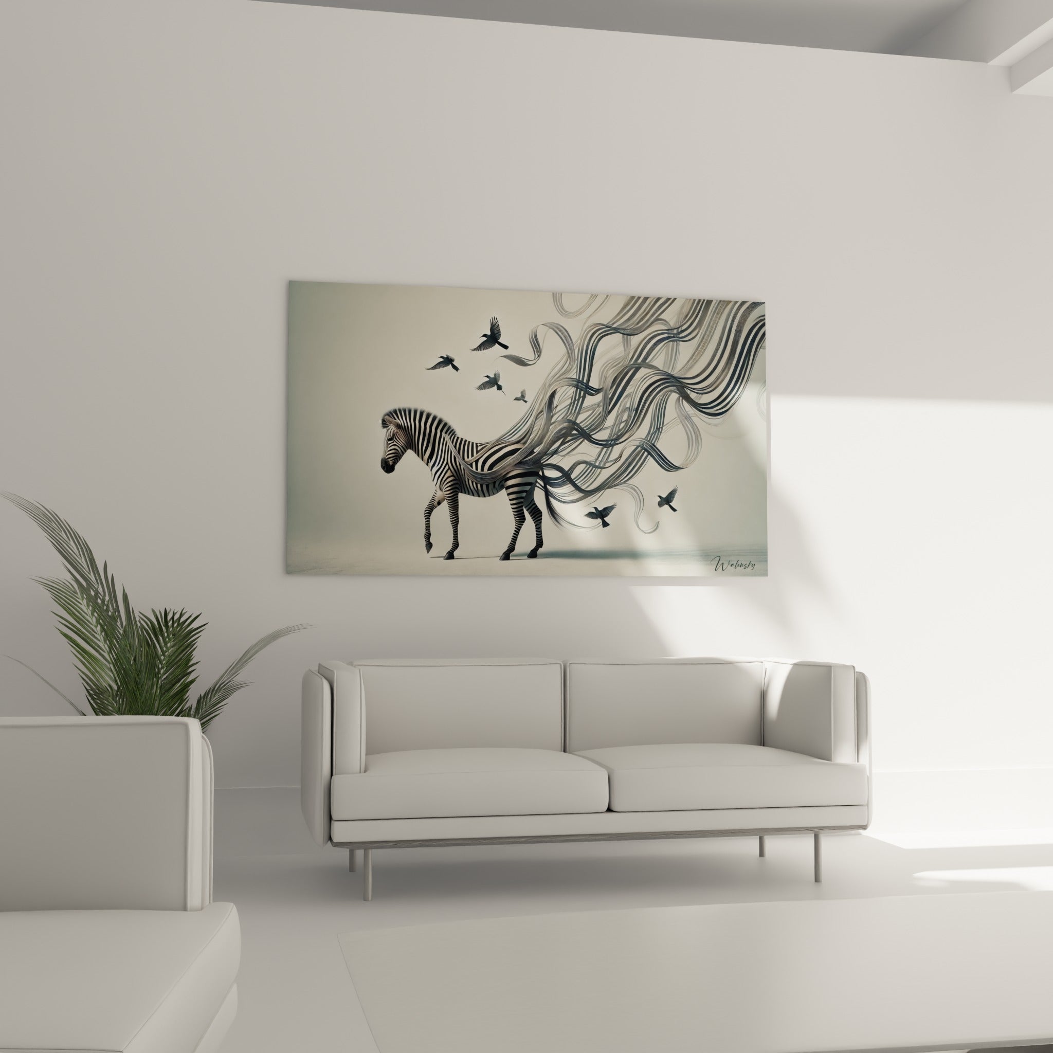 Animal rayé noir et blanc entouré d'oiseaux en vol, suspendu au-dessus d'un canapé dans un salon lumineux