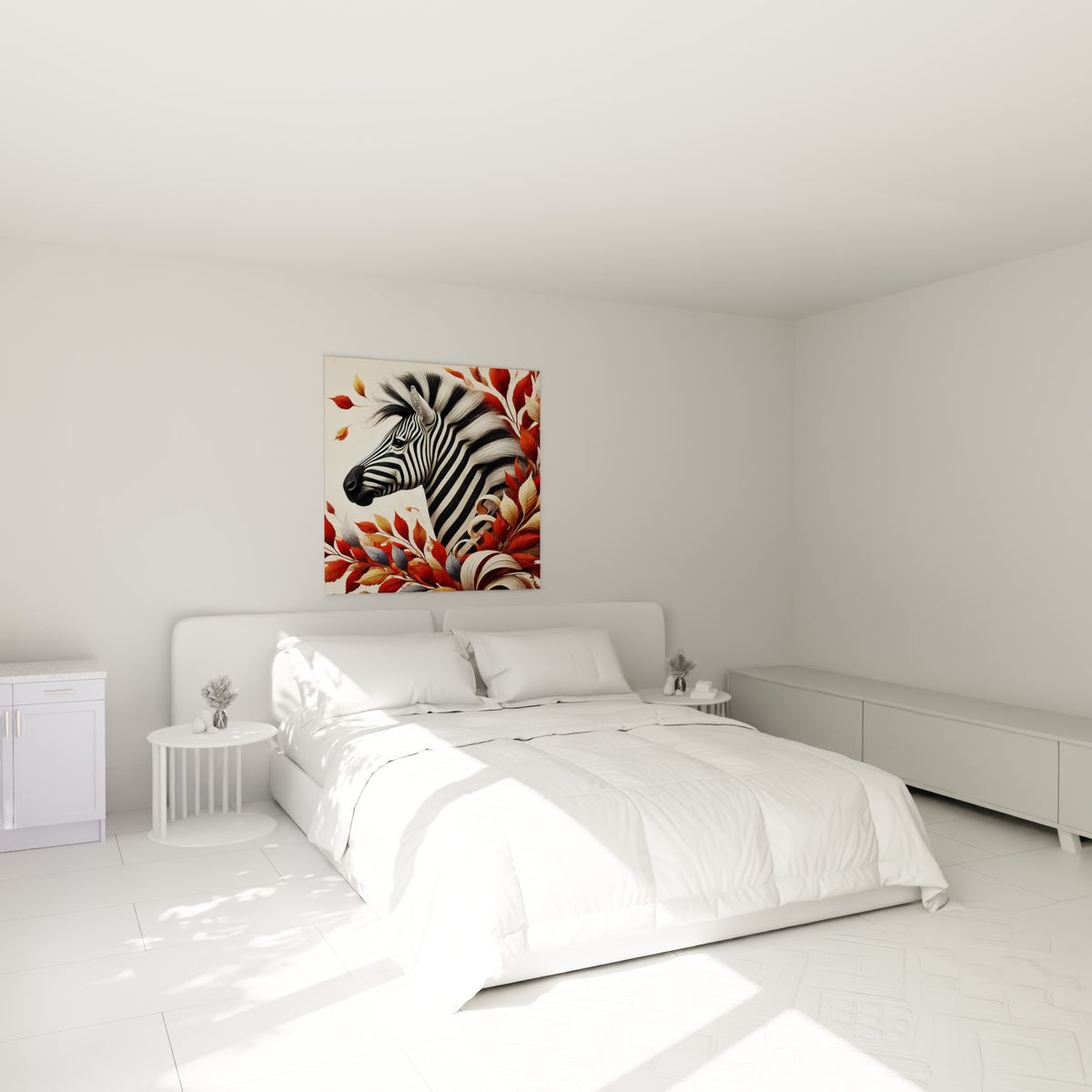 Portrait de zèbre rayé noir et blanc accompagné de feuillage roux au-dessus d'un lit dans une chambre claire