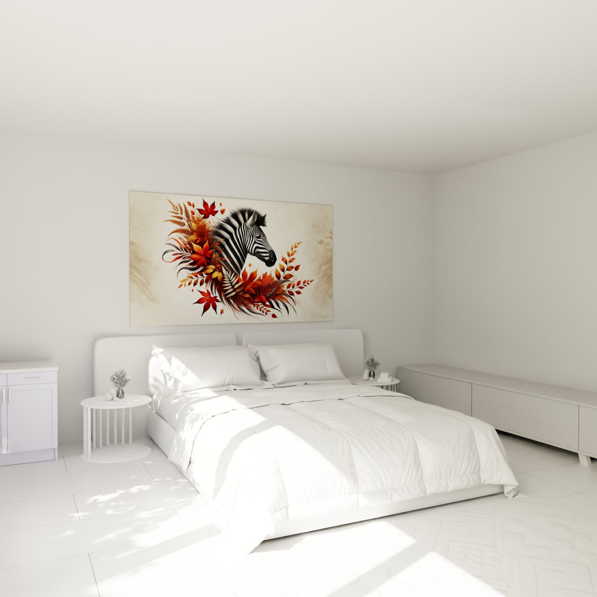 Zèbre au pelage rayé parmi des feuilles terracotta accroché au-dessus d'un lit dans une chambre claire