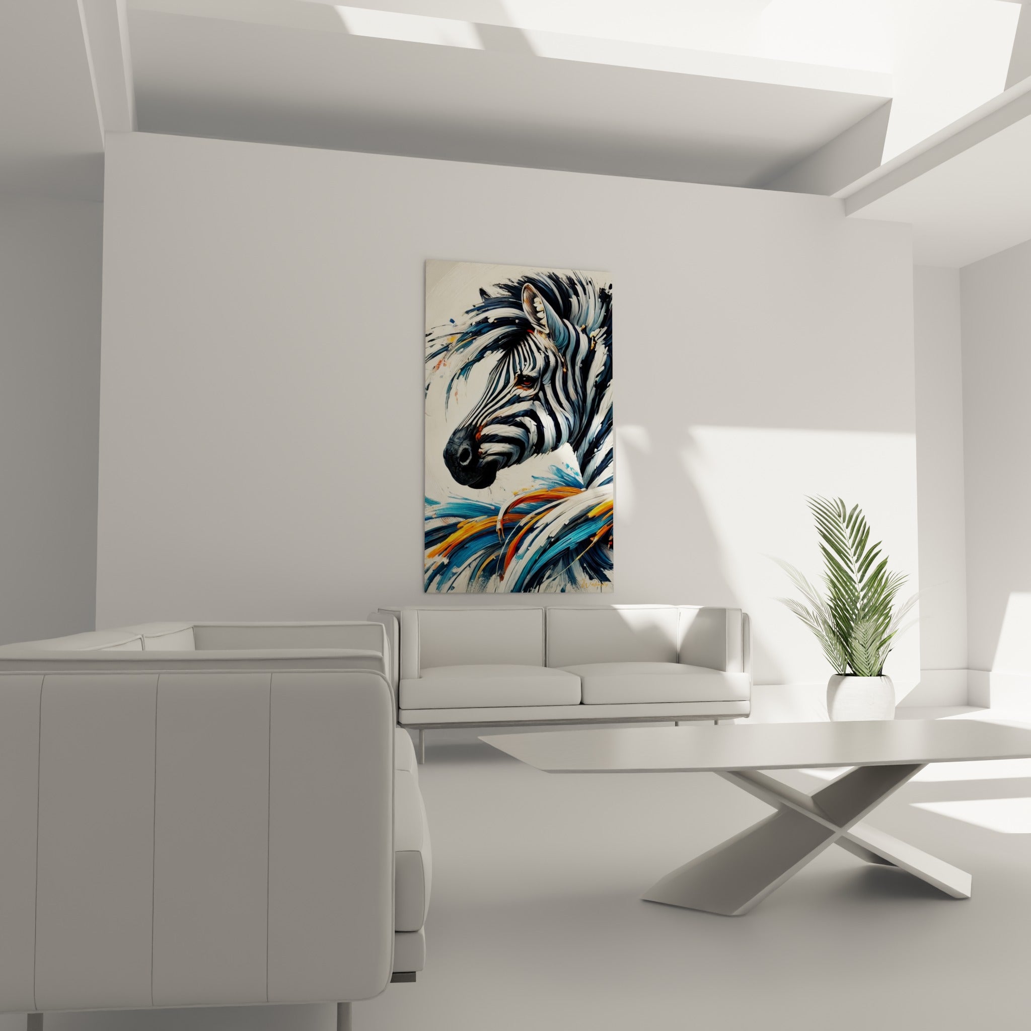 Zèbre au regard ambré et rayures noir profond installé au-dessus d'un canapé dans un salon lumineux