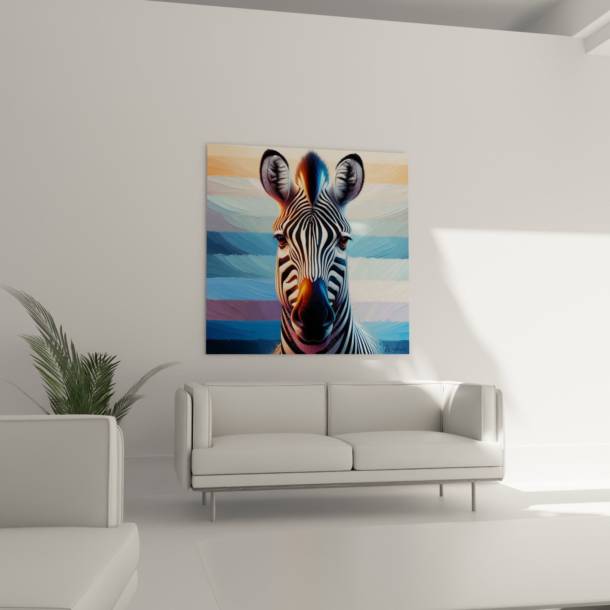 Portrait de zèbre aux tons bleu marine et ocre, suspendu au-dessus d'un canapé dans un salon lumineux