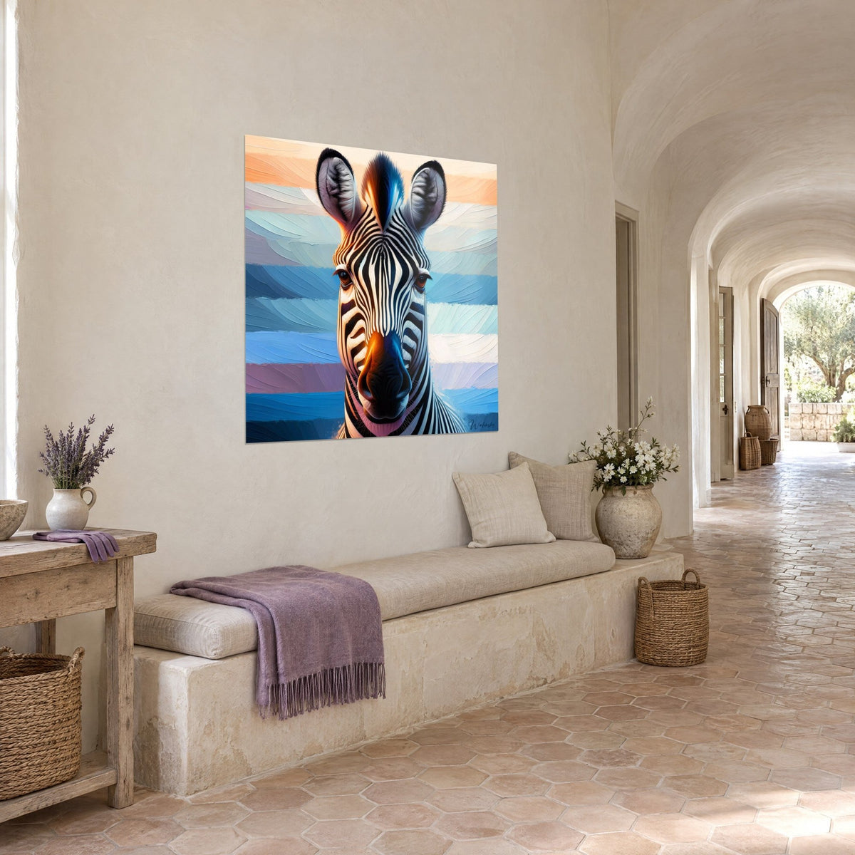 Gemälde Zebraporträt mit aufgerichteten Ohren, horizontale Bänder in Himmelblau und Pfirsich, in einer gewölbten Galerie des provenzalischen Landguts