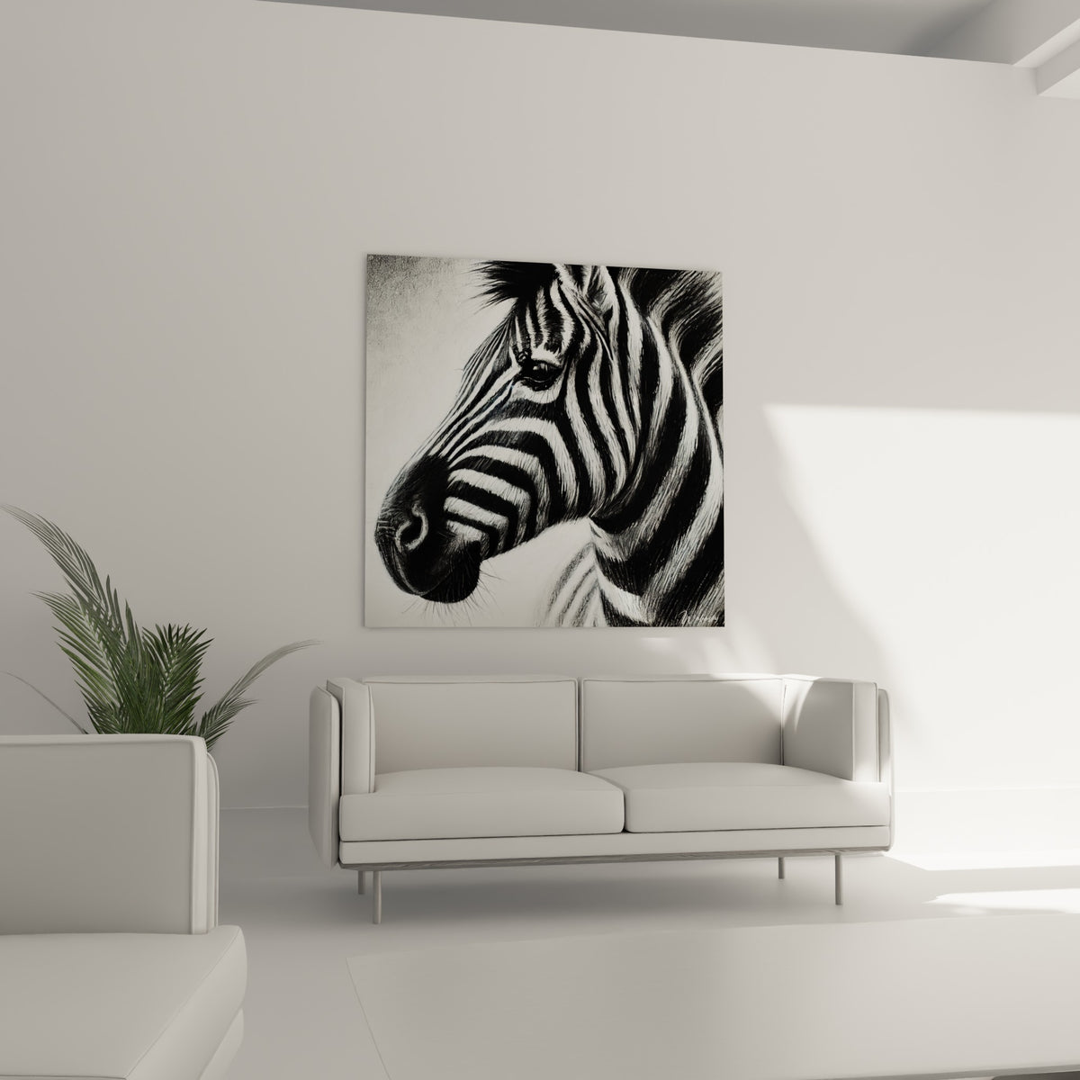 Tête de zèbre aux rayures contrastées noir et blanc au-dessus d'un canapé dans un salon lumineux