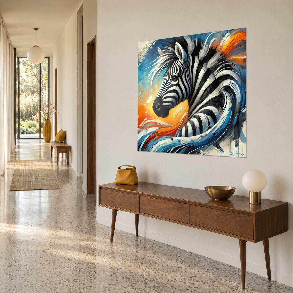 Wall art of an equine with black and white stripes on a turquoise and ochre background, three-quarter view, above a wooden console in a hallway