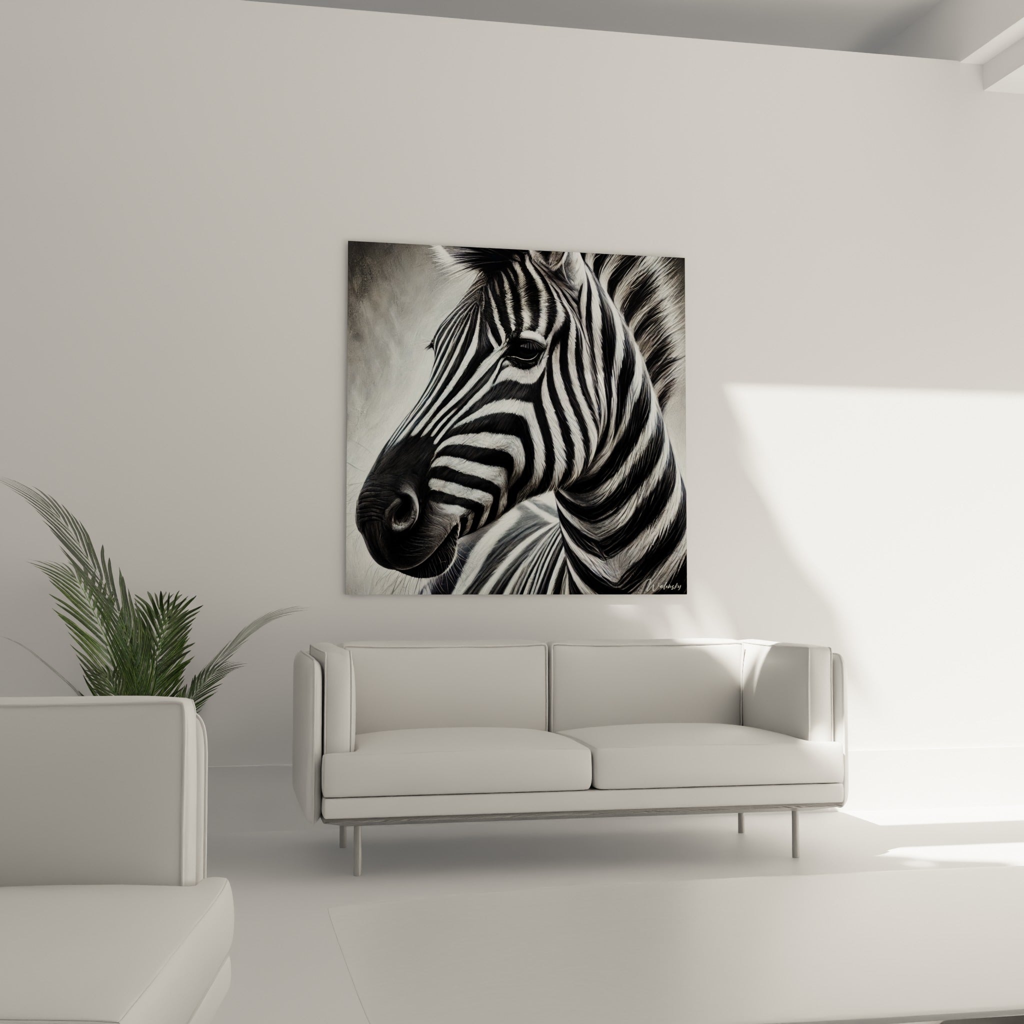 Regard sombre et rayures blanches du zèbre, tableau suspendu au-dessus d'un canapé dans un salon lumineux