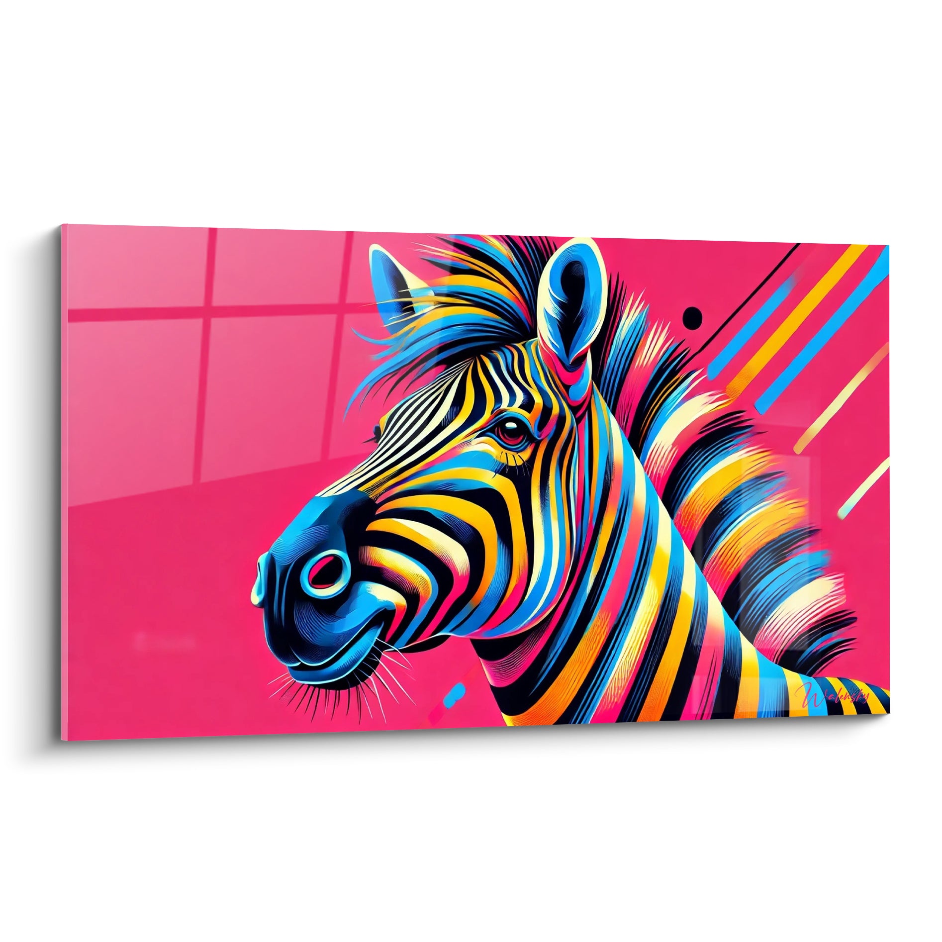 Zèbre stylisé aux rayures bleu électrique et jaune doré sur fond rose fuchsia vif