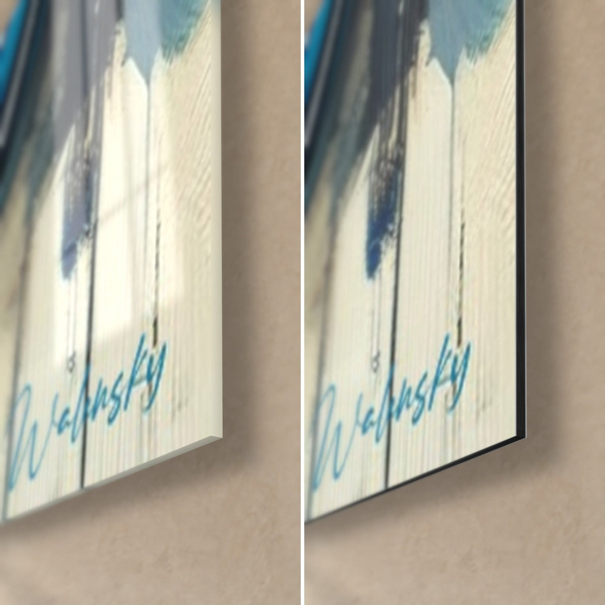 Wall art of a painted zebra, bottom right corner: blue Walensky signature, glossy acrylic glass on the left, matte white Dibond on the right, 3 mm edge