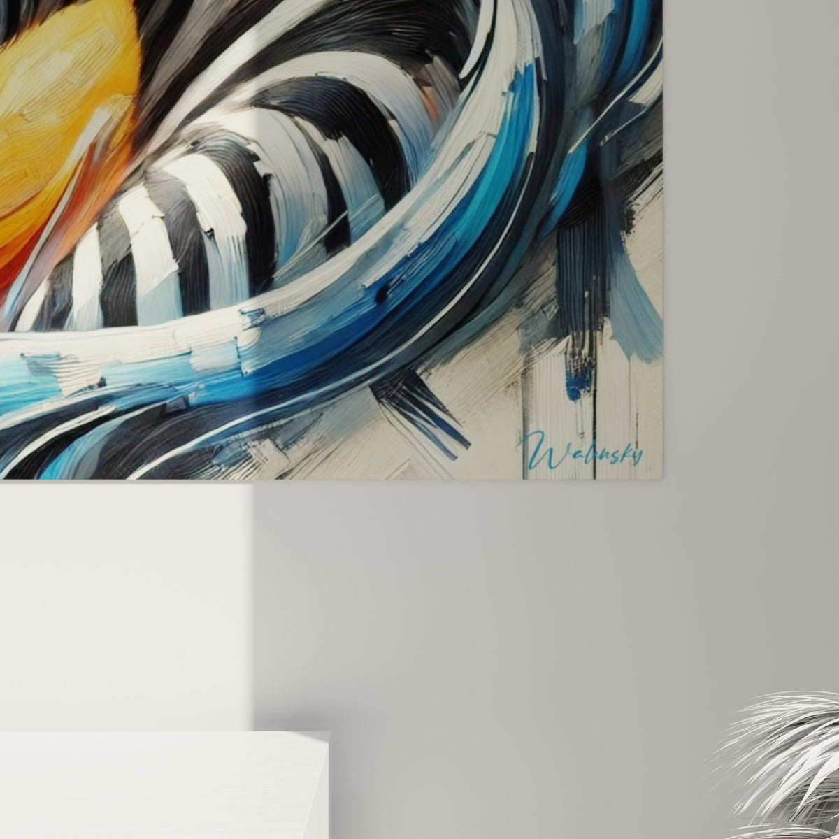 Empâtements épais et coulures de peinture noire, blanche et orangée visibles sur les rayures du zèbre