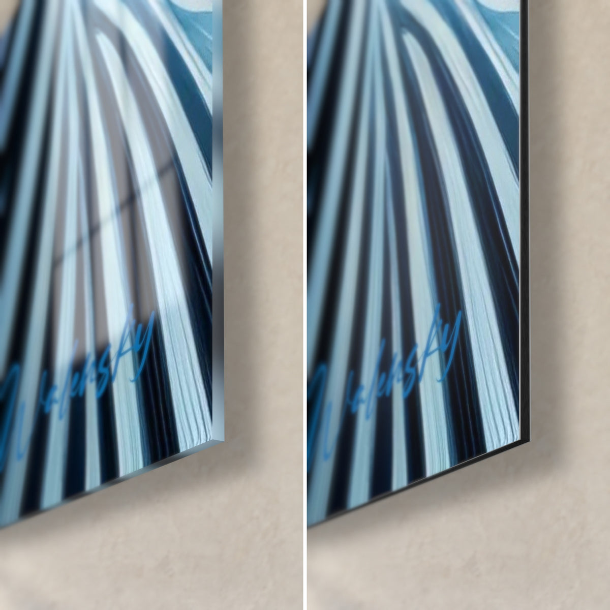Gemälde Zebrakopf mit schwarz-weißen Streifen, untere rechte Ecke: glänzendes Acrylglas links, mattes Dibond-Alu rechts, 3 mm Kantenstärke