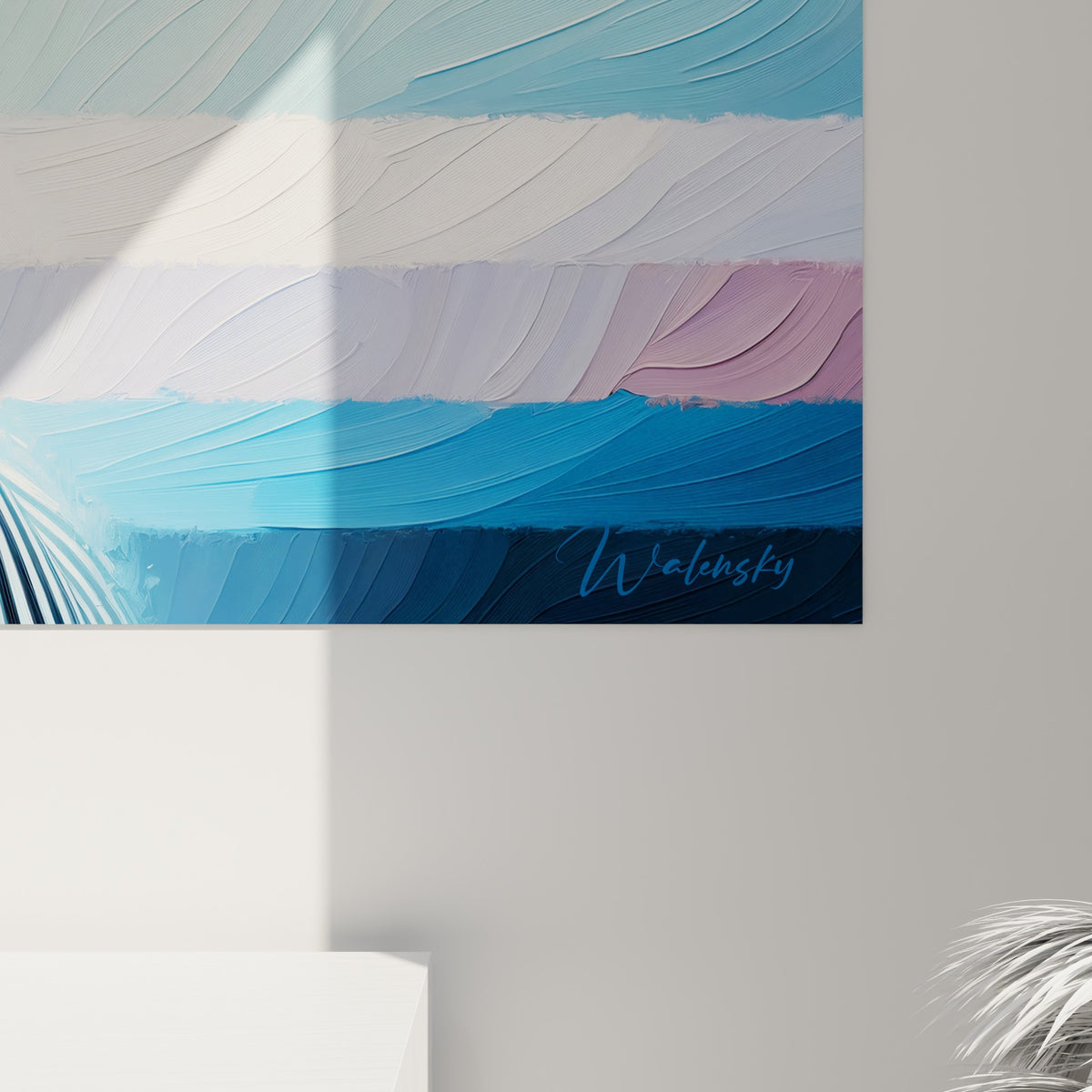 Empâtements de peinture visibles sur les rayures noires et blanches du zèbre, touches bleu ciel et corail se mêlant en surface