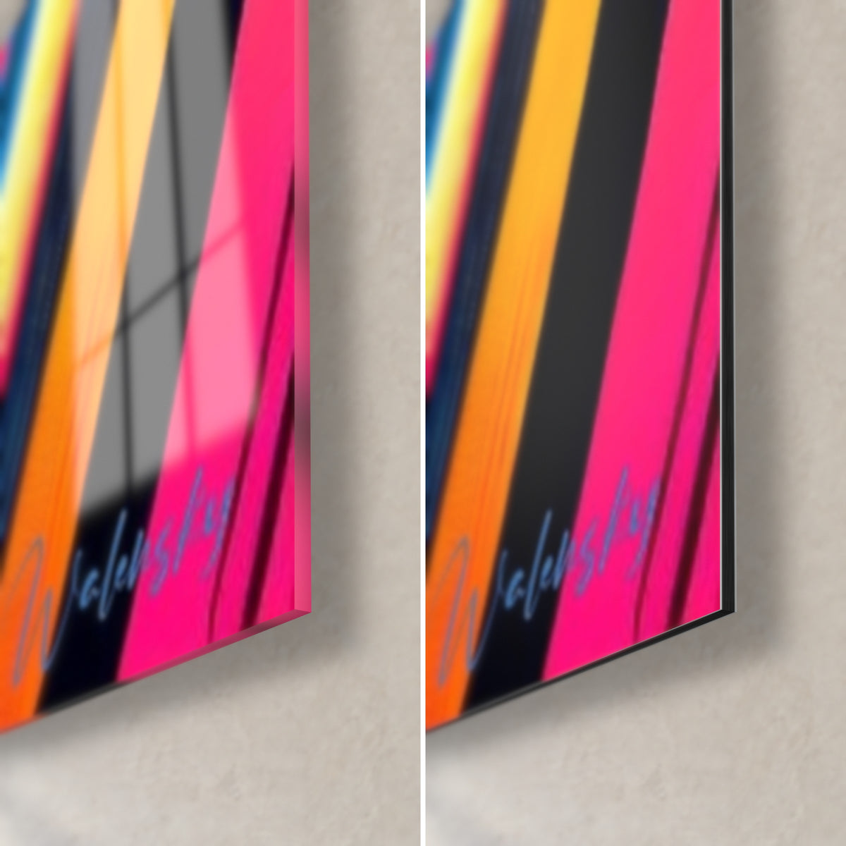 Tableau zèbre rayé jaune et rose, coin bas droit : verre acrylique brillant à gauche, alu Dibond mat à droite, tranche 3 mm