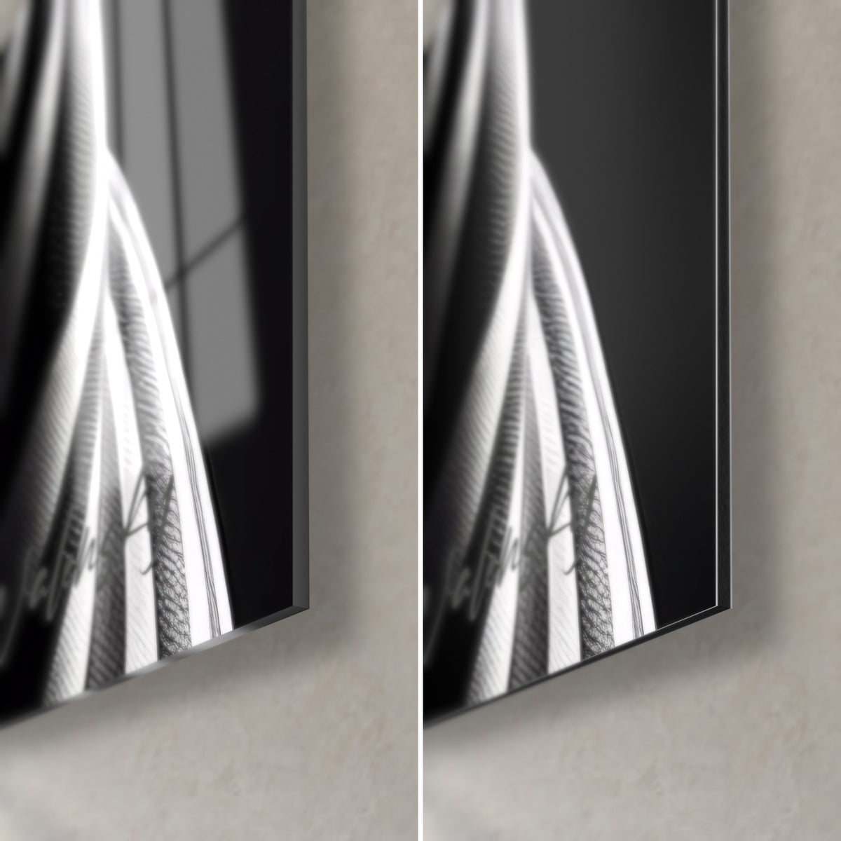 Tableau zèbre aux rayures blanches, coin bas droit : verre acrylique brillant à reflets, alu Dibond noir mat, tranche 3 mm