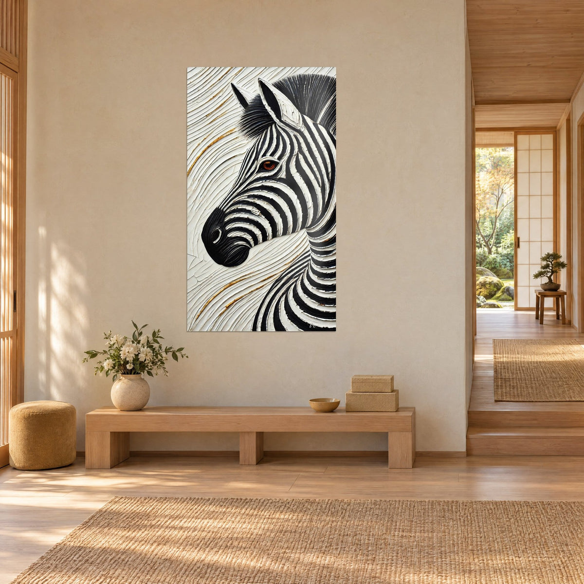 Gemälde Porträt eines gestreiften Equiden im Profil, bernsteinfarbenes Auge, cremefarbene und schwarze Farbreliefs, Dreiviertelansicht, Japandi-Interieur