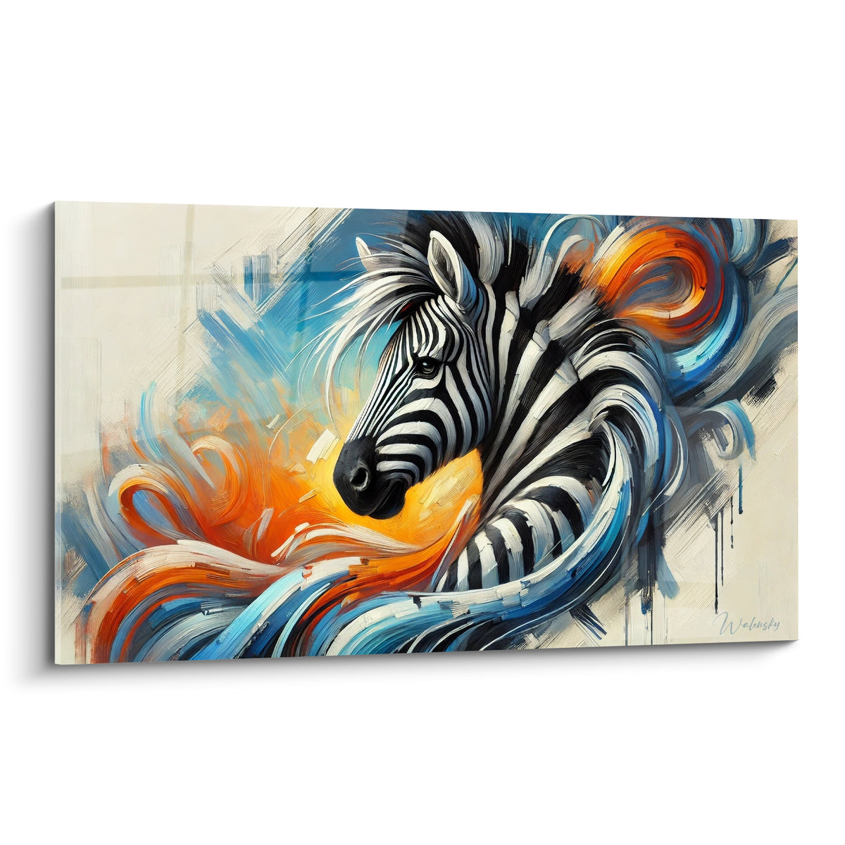 Zèbre en gros plan aux rayures noires et blanches, entouré de volutes bleu marine et orange incandescent