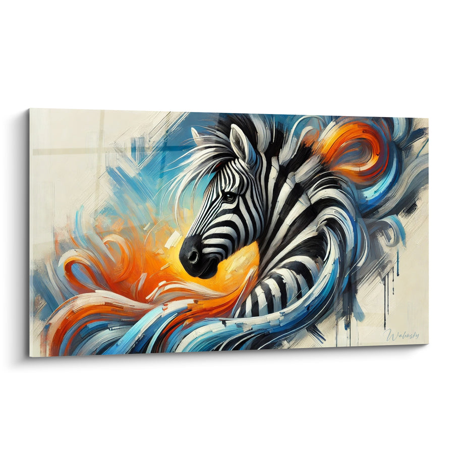 Tableau Zèbre noir et blanc aux volutes tourbillonnantes bleues et orange - Fond ivoire strié - Edition Zèbre