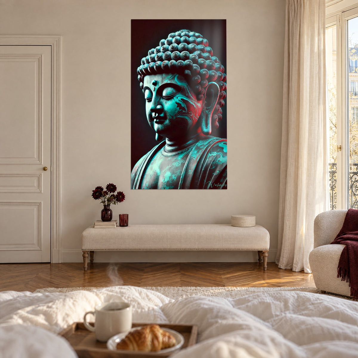 Cuadro estatua de Buda meditando, reflejos rojos y turquesa, sobre una cama en un dormitorio luminoso