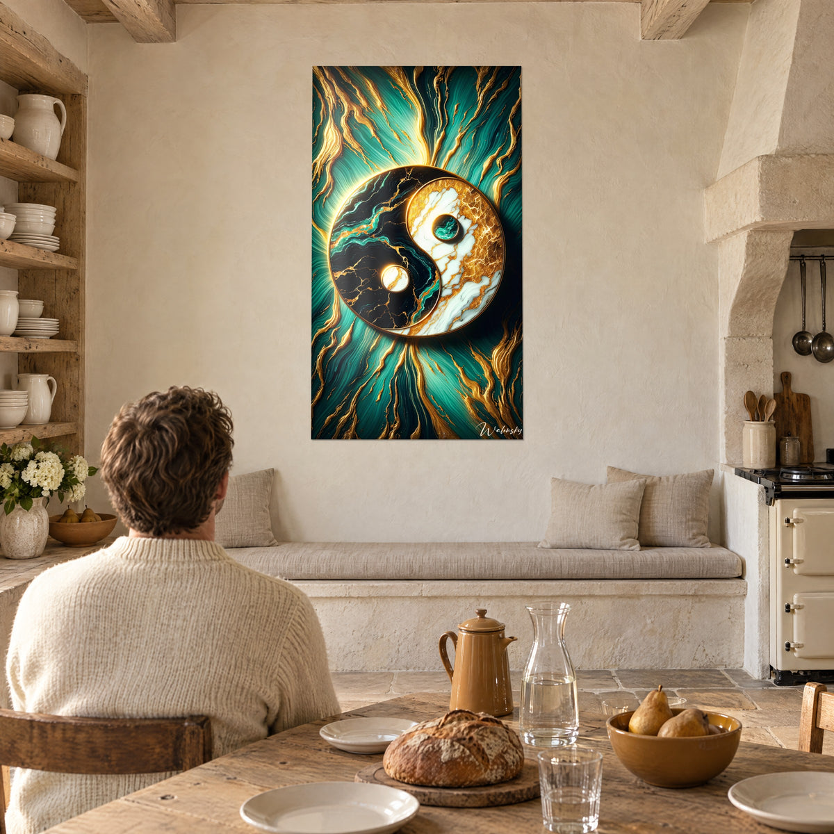 Schilderij embleem van de Tao in zwart en wit marmer met gouden aderen, turquoise achtergrond, ruw gepleisterde muur van een landelijke keuken