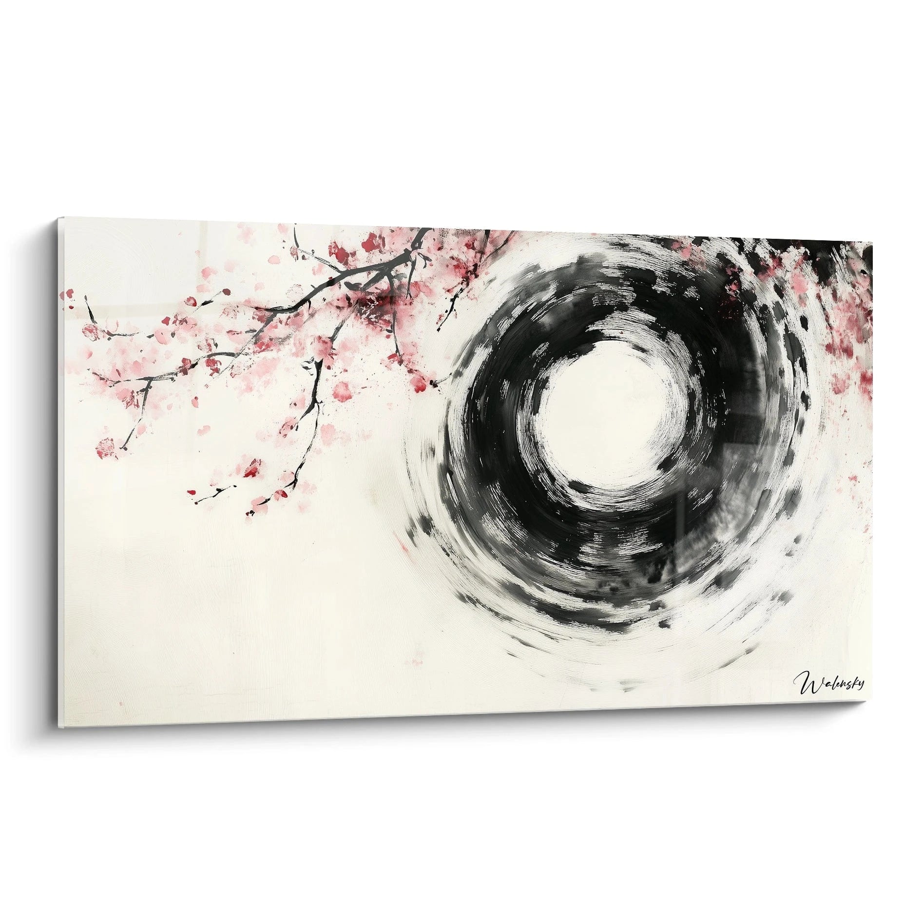 Un tableau abstrait spirale présentant un tourbillon d'encre noire dynamique au centre, contrastant avec des branches de cerisier roses délicates sur la gauche, le tout sur fond blanc texturé avec des effets d'éclaboussures et de dégradés.

