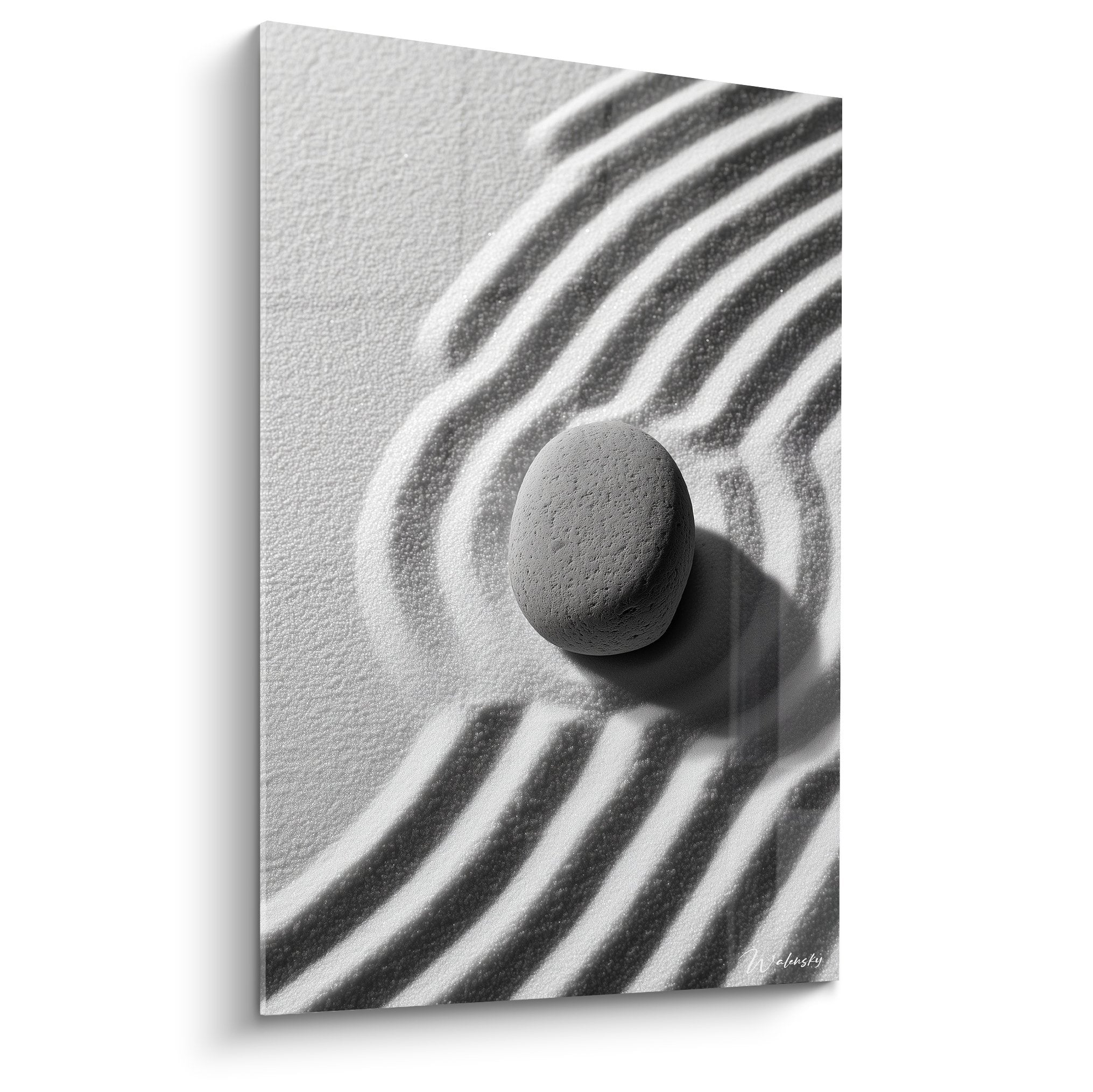 Tableau zen galet lisse sur sable ondulé noir et blanc composition minimaliste méditation édition sable
