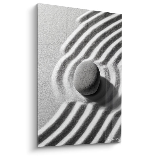 Tableau zen galet lisse sur sable ondulé noir et blanc composition minimaliste méditation édition sable