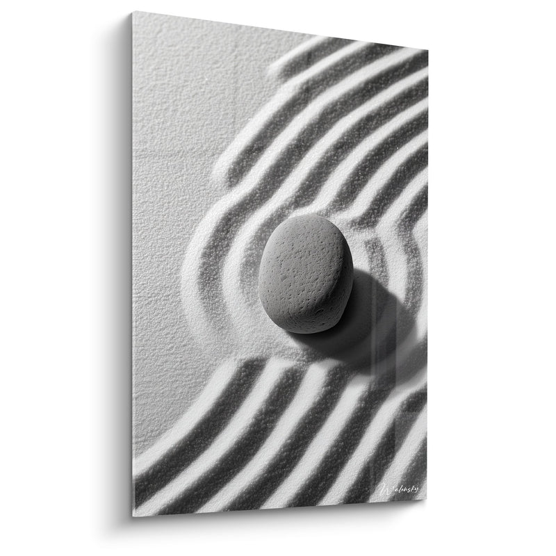 Tableau galet sur sable avec ondulations zen en noir et blanc - Harmonie Minérale - Edition Sable
