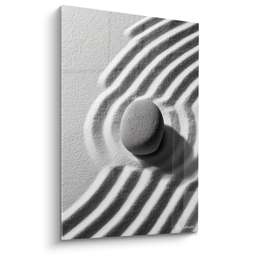 Tableau galet sur sable avec ondulations zen en noir et blanc - Harmonie Minérale - Edition Sable