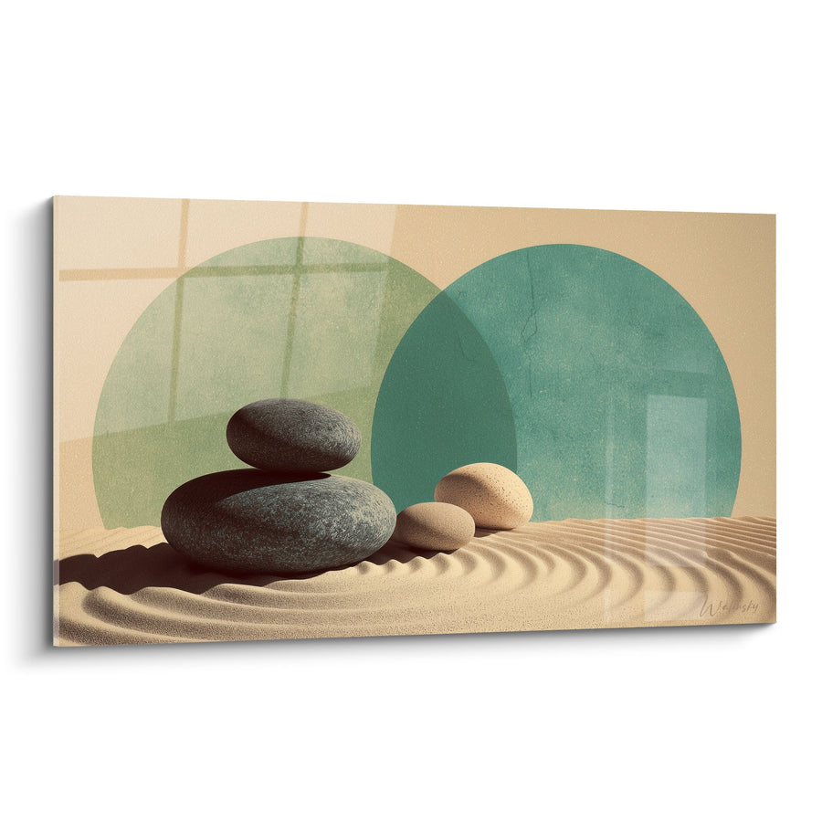 Tableau galets empilés sur sable zen avec cercles verts et beiges - Harmonie Minérale - Edition Sable
