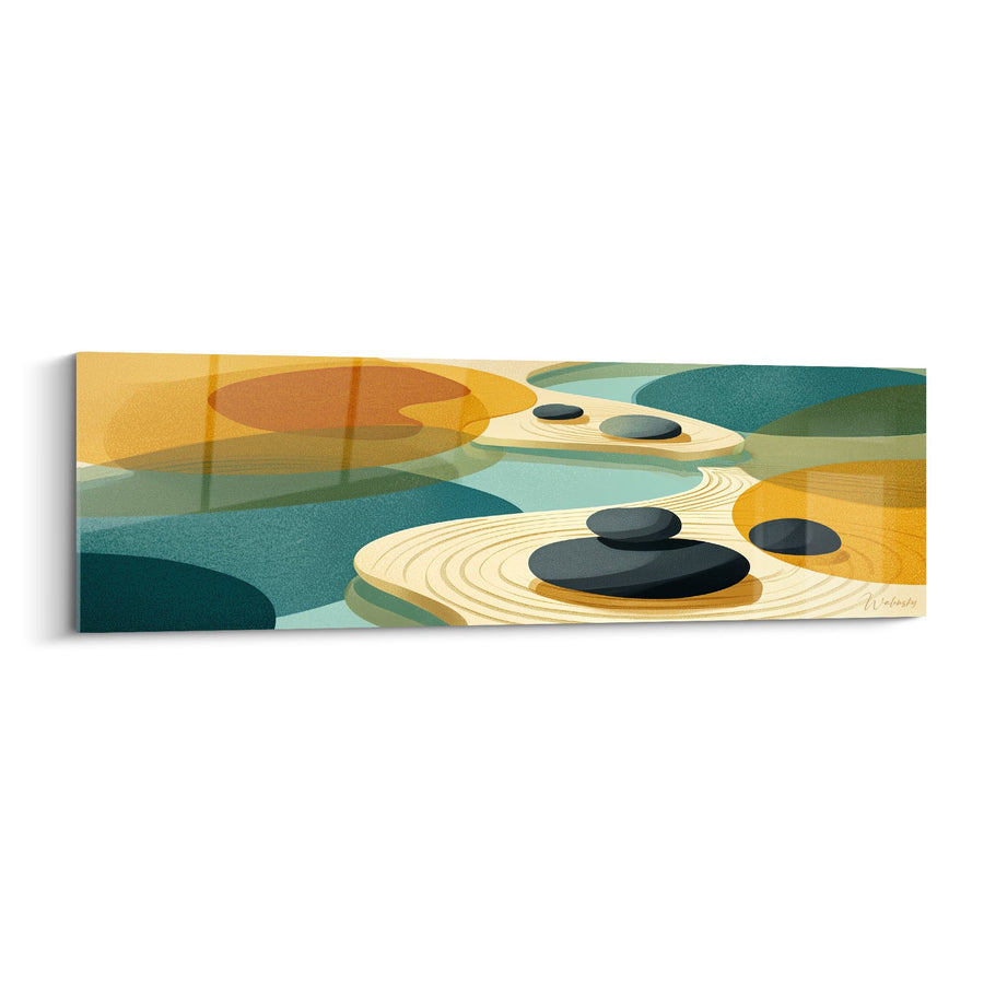 Tableau galets noirs et cercles concentriques dorés sur fond teal et orange - Jardin Zen - Edition Sable