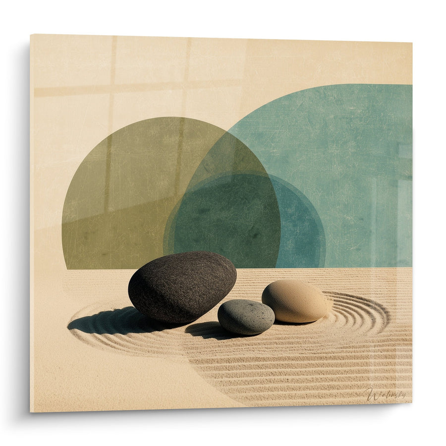 Tableau composition abstraite galets zen avec formes géométriques turquoise et beige - Harmonie Minérale - Edition Sable