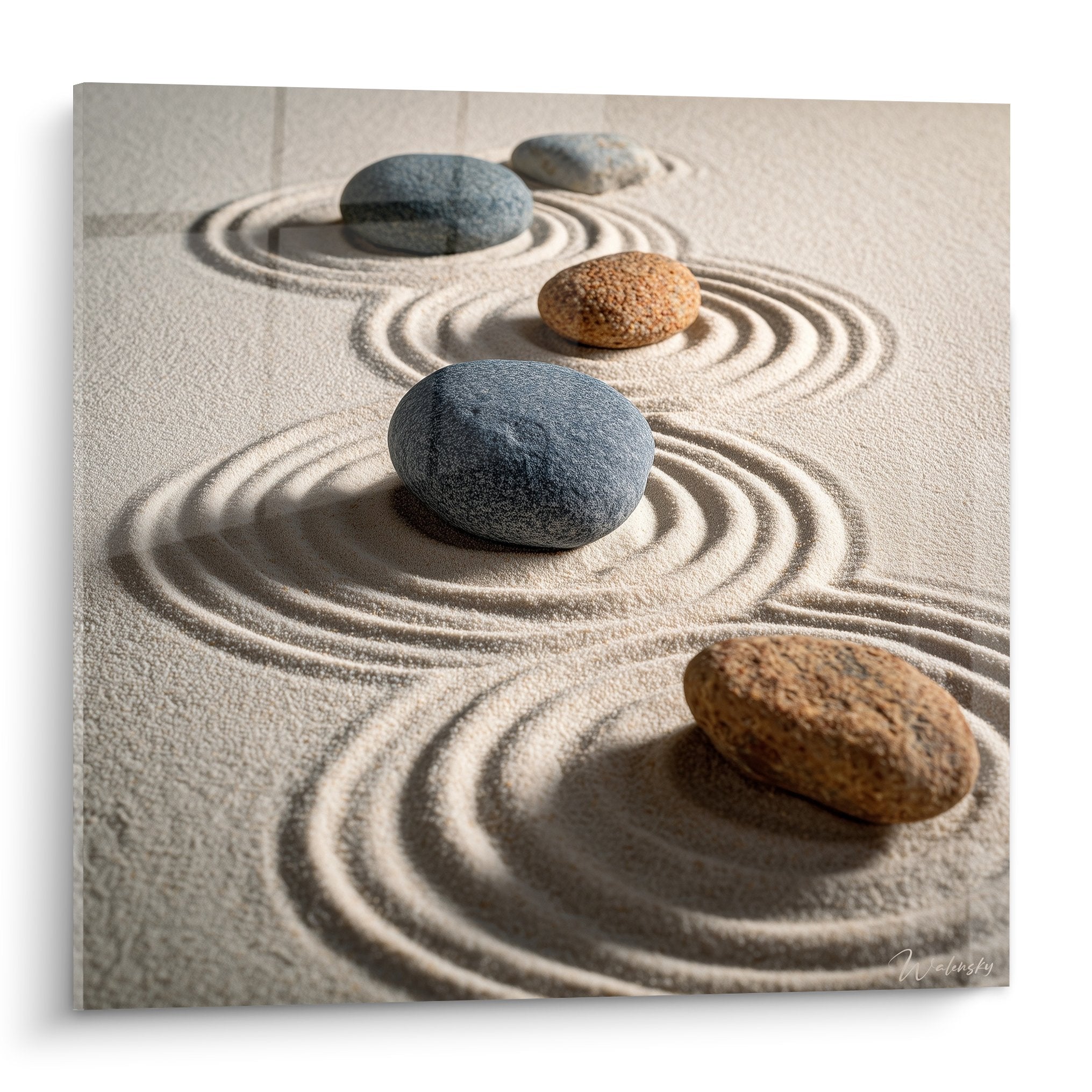 Tableau zen galets gris ocre sur sable ratisse cercles concentriques meditation art mineral edition sable