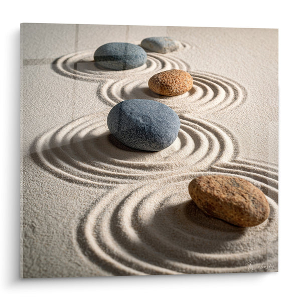 Tabel Zen Kiezels op Gekamd Zand met Concentrische Cirkels - Mineraal Meditatie - Editie Zand