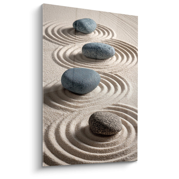 Schilderij Zen Tuin Grijze Kiezels en Gezand Raken Zand Concentrische Cirkels - Mineraal Rustgevend - Editie Zand