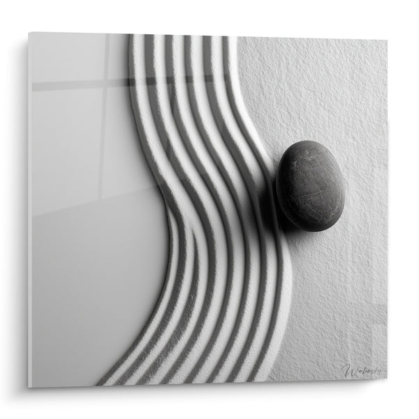 Tableau minimaliste noir et blanc avec lignes courbes et galet - Sérénité Zen - Edition Sable