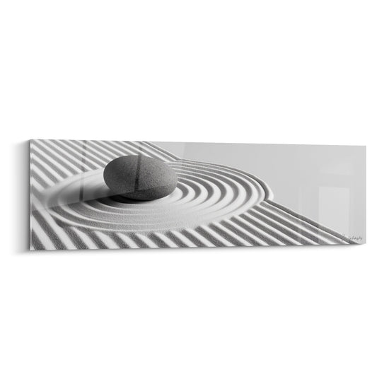 Zen Schilderij Zwarte Steen op Circulaire Witte Motieven - Minerale Harmonie - Zand Editie