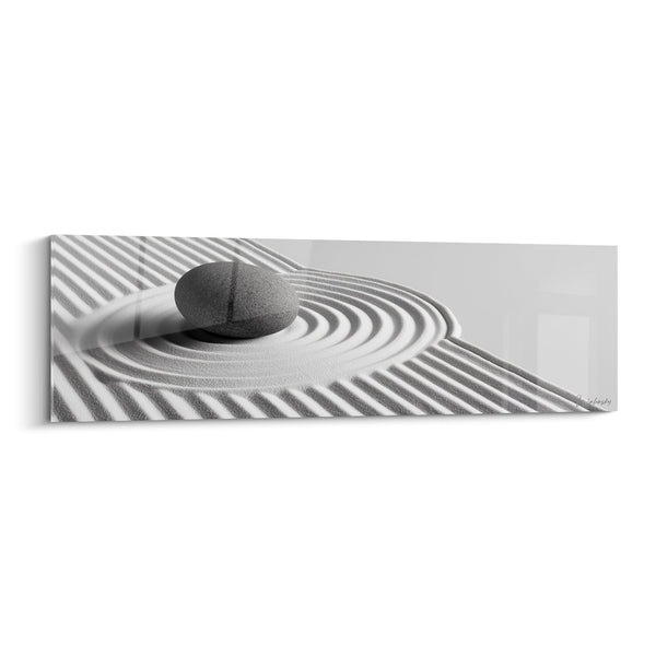 Zen Schilderij Zwarte Steen op Circulaire Witte Motieven - Minerale Harmonie - Zand Editie
