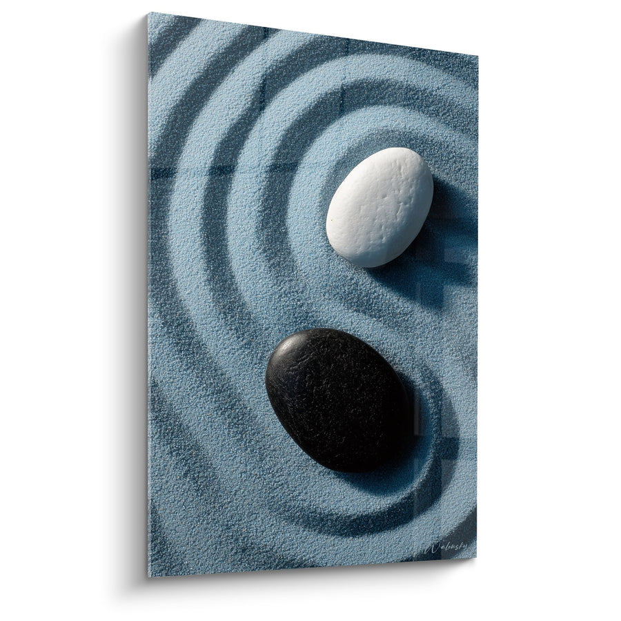 Tableau pierres zen blanc et noir sur sable bleu-gris - Méditation Minérale - Edition Sable