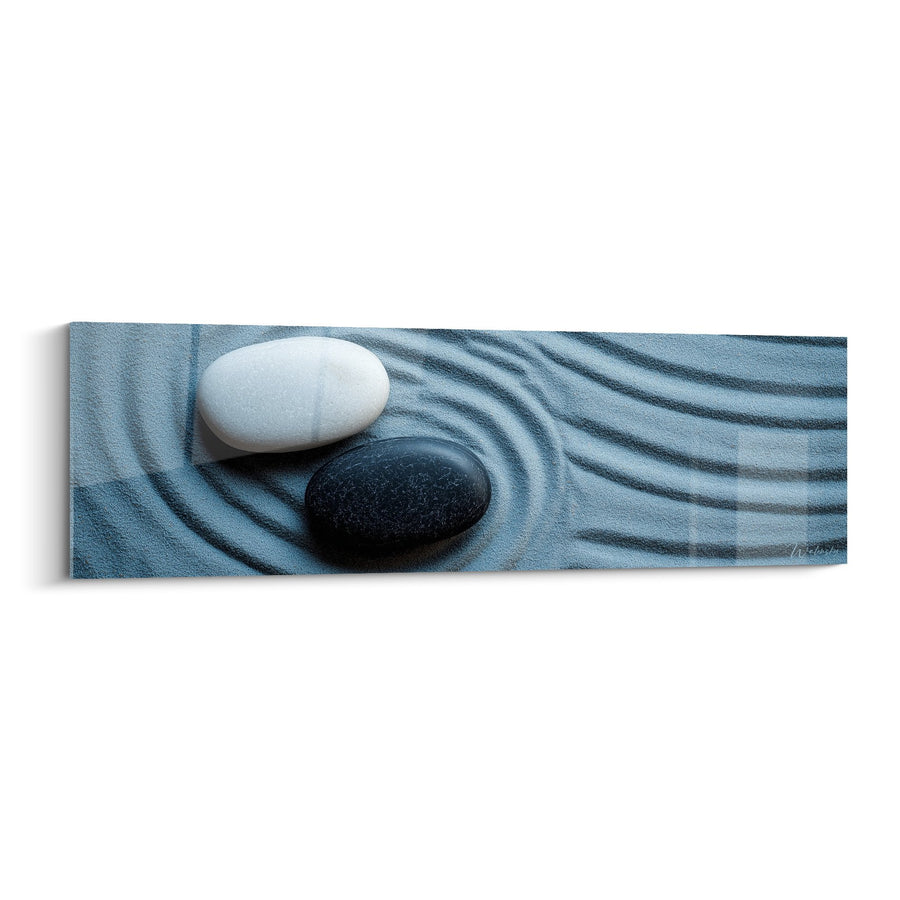 Tableau pierres noire et blanche sur motifs ondulés bleus - Équilibre zen - Edition Sable